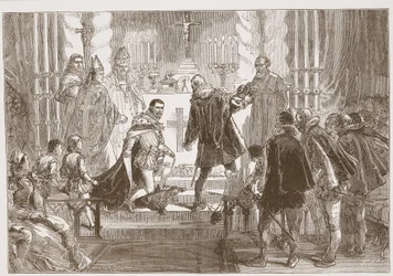 Polský maršál požadující přísahu od vévody z Anjou, ilustrace z Dějin protestantismu od Jamese Aitkena Wylie (1808-1890), nakl. 1878