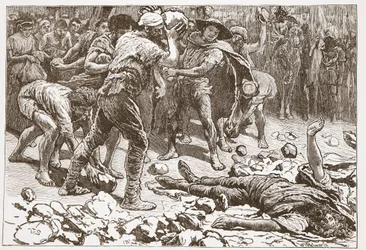 Umučení Konstantina ze Samosaty, ilustrace z „Dějin protestantismu“ od Jamese Aitkena Wylie (1808-1890), hospoda. 1878 (rytina)