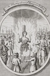 Umučení Margeret Polleyové v Tunbridge, z knihy "The Burning of the Martyrs", vydané v roce 1741 (litografie)