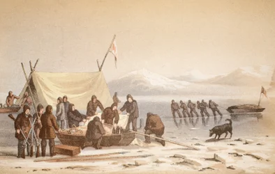 Setkání ve Wellington Channel, 14. června 1851, ilustrace z Voyage to Baffins Bay a Barrow Straits..., 1852 (ručně kolorovaná rytina)