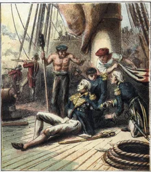 Napoleonská válka: bitva u Trafalgaru, 21. 10. 1805 se postavila proti francouzsko-španělské flotile pod vedením admirála Villeneuva proti britské flotile pod velením viceadmirála Nelsona. Zemřel tam. "Bitva o Trafalgar."
