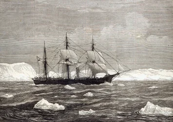 The North Pole Expedition: The Alert vyvěšuje barvy na počest dosažení nejvyšší zeměpisné šířky ze všech zaznamenaných lodí, z „The Illustrated London News“, 1876