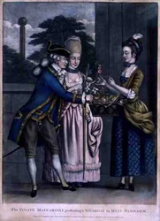The Polite Maccaroni Prezentace Nosegay slečně Blossomové, hospoda. od Caringtona Bowlese (fl. 1744-93)