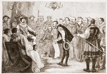 Protestantští princové představují své vyznání Karlovi, ilustrace z Historie protestantismu od Jamese Aitkena Wylie (1808-1890), hospoda. 1878