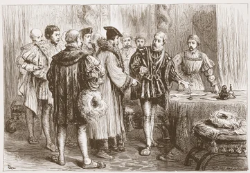 Protestantští princové podepisují své vyznání, ilustrace z Historie protestantismu od Jamese Aitkena Wylie (1808-1890), hospoda. 1878
