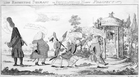 The Recruiting Sergeant nebo Britannias Happy Prospect, tisk vytvořil George Townshend, 1757
