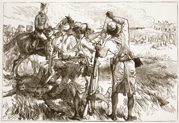 The Sepoys at Buxar, ilustrace z Cassells Illustrated History of India od Jamese Granta, hospoda. 1879