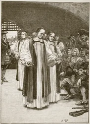 Sedm biskupů vstupujících do Toweru, ilustrace z Cassells Illustrated History of England (sépiová fotografie)