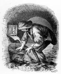 The Sewer-hunter, ilustrace z „Londýnské práce a londýnské chudiny“ od Henryho Mayhewa, kolem 40. let 19. století