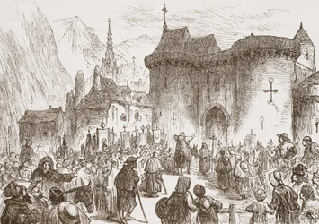 Sham Pilgrims at the Gate of Geneva, ilustrace z Historie protestantismu od Jamese Aitkena Wylie (1808-1890), hospoda. 1878