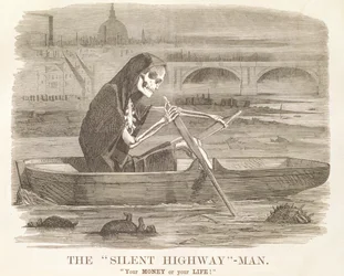 Muž „Silent Highway“, „Vaše PENÍZE nebo váš ŽIVOT“, karikatura z filmu „Punch, nebo Londýn Charivari“, 10. července 1858