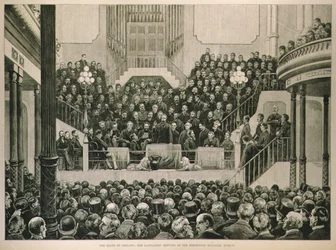 Irský stát: Setkání pronajímatelů ve výstavní budově v Dublinu, z The Illustrated London News, 14. ledna 1882