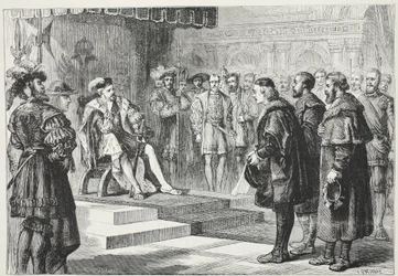 Tři protestantští velvyslanci před císařem Karlem, ilustrace z Historie protestantismu od Jamese Aitkena Wylie (1808-1890), pub. 1878