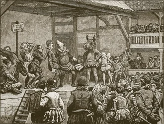 Hra jedné ze Shakespearových her v době královny Alžběty, ilustrace z Cassells Illustrated History of England (sépiová fotografie)
