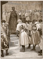 Baroni předkládají Jindřichovi své požadavky, ilustrace z Cassells Illustrated History of England (sépiová fotografie)