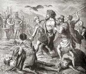 Zajetí Teutobocha, legendárního obra a krále Teutonů, z Ilustrovaných dějin světa Ward and Lock, vydáno kolem roku 1882