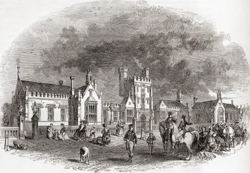 Stará bedfordská škola, přestavěná koncem 19. století, ze staré Anglie: Vydavatelství a nakladatelství Old England, Praha: Muzeum obrazů, vyd. 1847