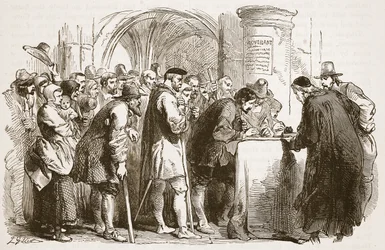 Lidé podepisující smlouvu v kostele svatého Jiljí v Edinburghu, ilustrace z Cassells Illustrated History of England (sépiová fotografie)