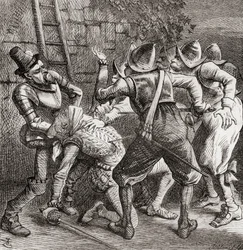 "Ostatní darebáci se na něj vrhli a spálili ho", ilustrace podle J. Tenniela k básni "The Tragedy" z knihy "The Ingoldsby Legends or Mirth and Marvels", kterou napsal Thomas Ingoldsby, vydáno v roce 1865 (litografie).