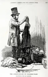 Pouliční prodejce nádobí s výměnou starého oblečení, kolem roku 1840
