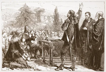 Přísaha a podepsání Národní smlouvy na hřbitově Greyfriars v Edinburghu, ilustrace z knihy Dějiny protestantismu od Jamese Aitkena Wylieho (1808-1890), vydáno 1878