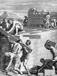 Hradby měst mezi Galy jsou postaveny z alternativních kurzů kamenů a trámů, které vyryl Cornelis Huyberts, ilustrace ke komentářům Caesars přeložil do angličtiny William Duncan,
