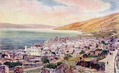 Tiberius a Galilejské jezero, Izrael, kolem roku 1910 (barevné lito)