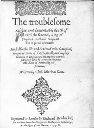 Titulní strana pro Edwarda II od Christophera Marlowa, vydaná 1598 (tištěný papír)