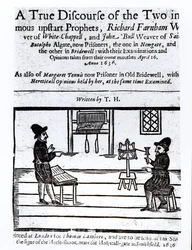 Titulní strana Pravdivý diskurz dvou neslavných proroků, Richard Farnham, Weaver, z White-Capel, a John Bull, Weaver, ze Saint Botolphs, Algate od TH 1636