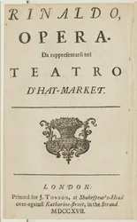 Titulní strana z libreta Händelovy opery „Rinaldo“, od Giacoma Rossiho, 1717