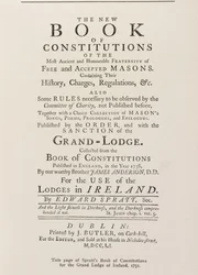 Titulní strana Spratts Book of Constitutions pro Grand Lodge v Irsku, 1751