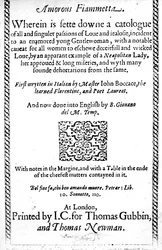 Titulní strana knihy Amorous Fiammetta od Giovanniho Boccaccia, anglický překlad vydaný v roce 1587