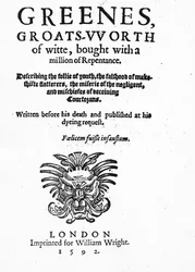 Titulní strana k Greenes Groats-Worth of Wit, připisovaná Robertu Greenovi, vydaná v roce 1592 (tištěný papír)