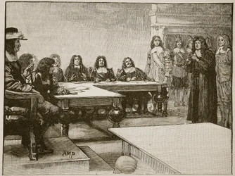 Titus Oates před tajnou radou, ilustrace z Cassells Illustrated History of England (sépiová fotografie)