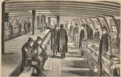 Horní paluba nemocniční lodi Unite, připojené ke korábům ve Woolwichi, ilustrace z knihy The Criminal Prisons of London and Scenes from Prison Life od Henryho Mayhewa a Johna Binnyho, pub. 1862 (rytina