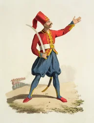 Turecký voják, z Costumes of the Various Nations, svazek VII, The Military Costume of Turkey, od Thomase MacLeana, vydáno kolem 1800-18