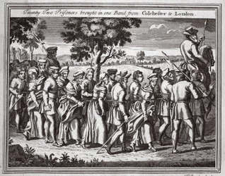 Dvacet dva vězňů přivezeno v jedné kapele z Colchesteru do Londýna, ilustrace z Foxes Martyrs kolem roku 1703
