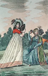 Dvě módní dámy v zahradě, cca 1800 (barevná rytina)