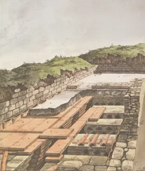 Podzemní topný systém pro římskou vilu v Anglii, publikoval 1797 (ručně kolorované litho)