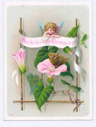 Viktoriánská vánoční pohlednice s amorem hledícím na motýla na růžovém květu, cca 1880 (barevná litografie)
