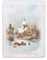Viktoriánské přání ovcí putujících poblíž kostela ve sněhu, cca 1880 (barva litho)