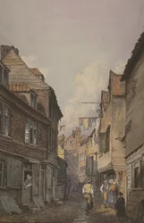 Pohled na postavy v Glean Alley, Bermondsey, cca 1825 (wc na papíře)