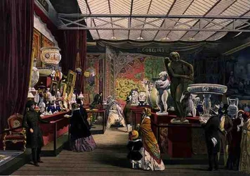 Pohled na francouzskou část Velké výstavy z roku 1851 z Dickinsonových komplexních obrázků (barevné lito)