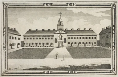 Pohled na Almshouses společnosti Ironmongers, Kingsland Road, Hackney, kolem roku 1820