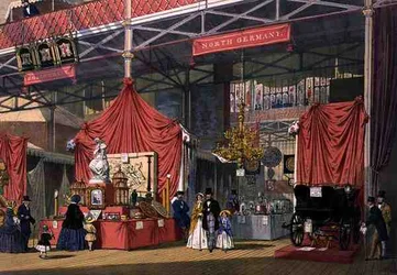 Pohled na stojan hudebních nástrojů Klier and Sons v severoněmecké části Velké výstavy z roku 1851 z Dickinsonových komplexních obrázků (barevné lito)