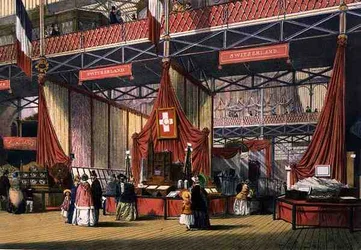 Pohled na švýcarskou část Velké výstavy z roku 1851, z Dickinsonových komplexních obrázků (barevné lito)