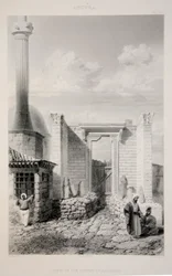 Pohled na Augustův chrám, hospoda. 1863 litografie.
