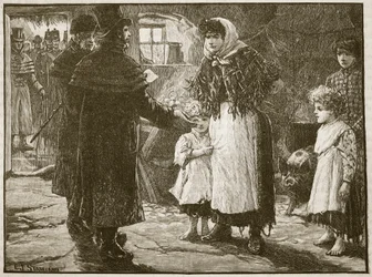 Návštěva desátkového prokurátora, Irsko, 1832, ilustrace z Cassells Illustrated History of England (sépiová fotografie)