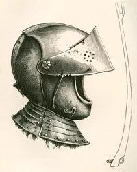 Přilba s hledím z roku 1643. Část na straně je podpěra hledí v plné velikosti, která se používá k udržení hledí v různých úhlech podle použitého zářezu, z knihy The British Army: Its Origins, Progress and Equipment, vydané v roce 1868.