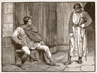 Waltheofova zpověď, ilustrace z Cassells Illustrated History of England (sépiová fotografie)